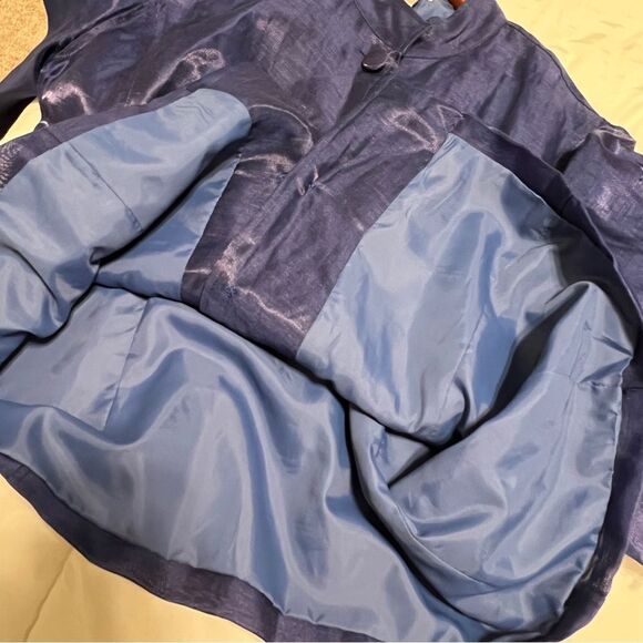 Chico’s Size 2 Metallic Linen Blend Long Bell Sleeve Jacket Blazer Cobalt - Picture 12 of 12